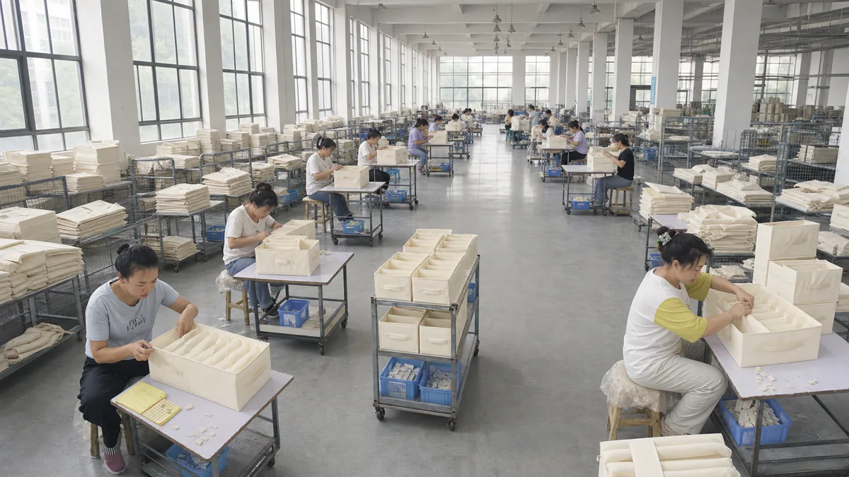纳和工厂工人检查布艺分格收纳盒的结构与线头