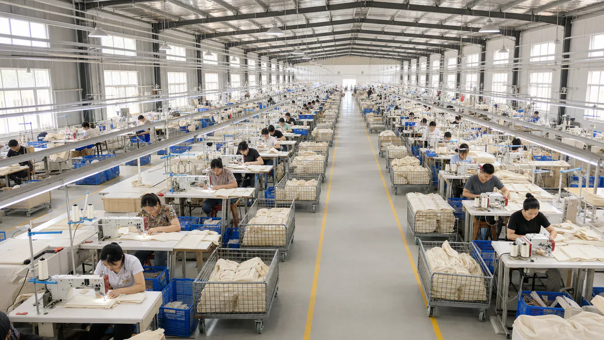 纳和工厂工人使用工业缝纫机车缝收纳制品部件